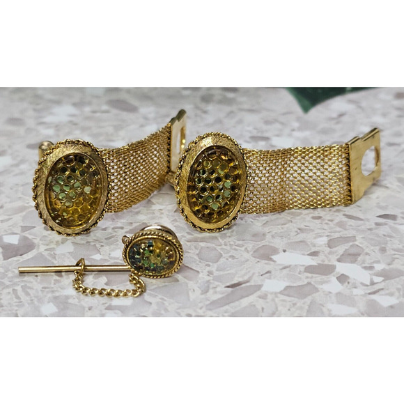 Classy Mid Century Vintage Cuff Link & Tie Pin Textured Honeycombs - Picture 1 of 6